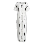 White And Black Lightning Pattern Print Short Sleeve Long Nightdress