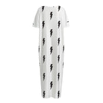 White And Black Lightning Pattern Print Short Sleeve Long Nightdress