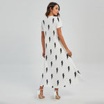 White And Black Lightning Pattern Print Short Sleeve Maxi Dress