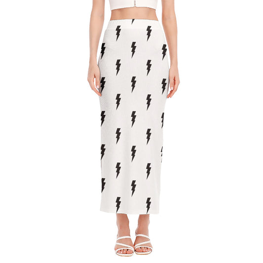 White And Black Lightning Pattern Print Side Slit Maxi Skirt