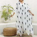 White And Black Lightning Pattern Print Silk V-Neck Kaftan Dress