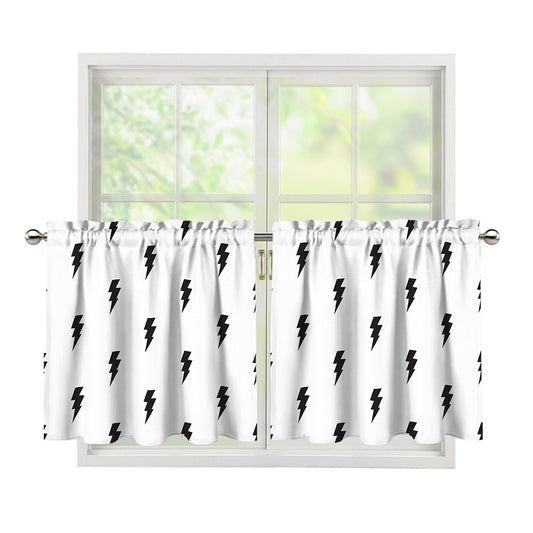 White And Black Lightning Pattern Print Tier Curtains