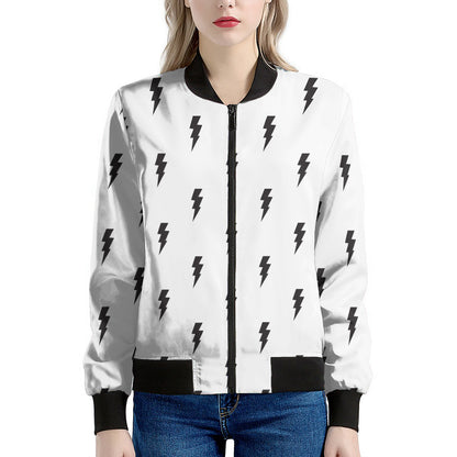 White And Black Lightning Pattern Print Women's Bomber Jacket