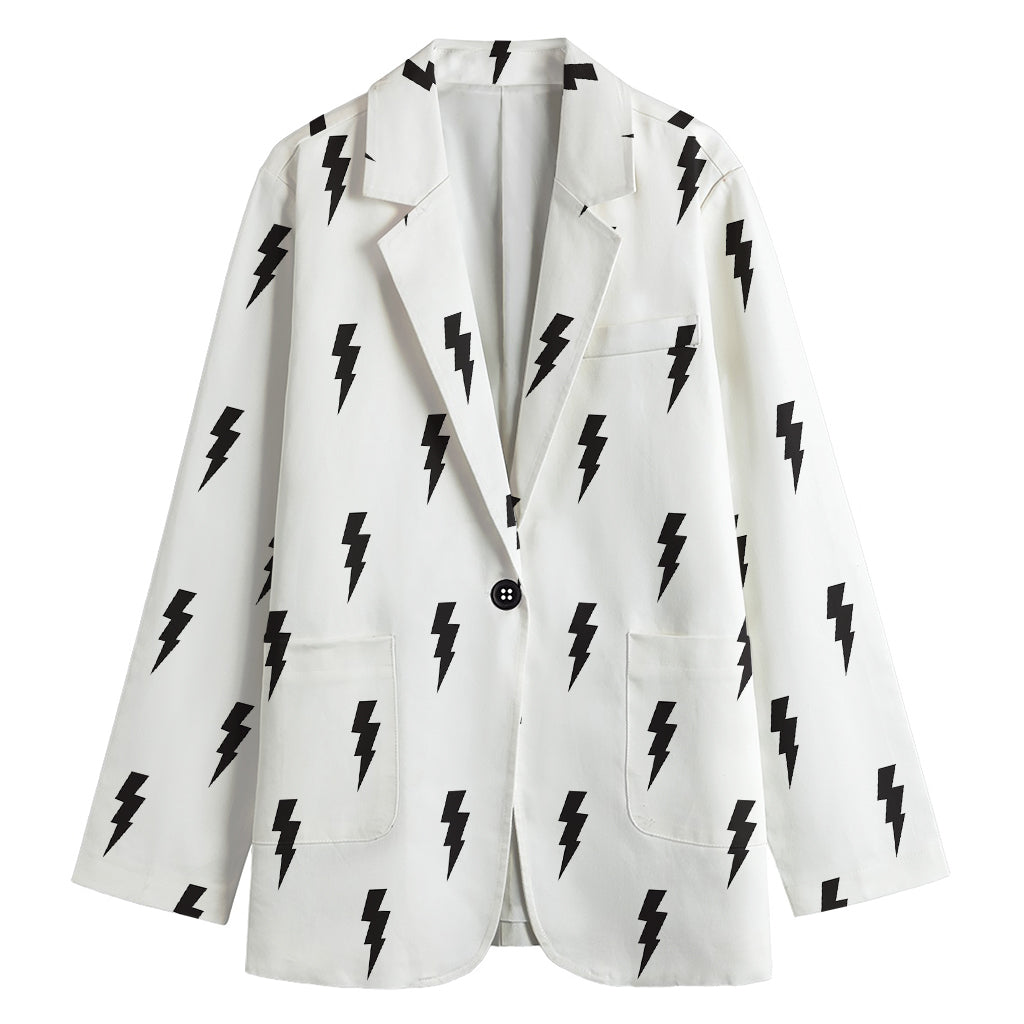 White And Black Lightning Pattern Print Women's Cotton Blazer