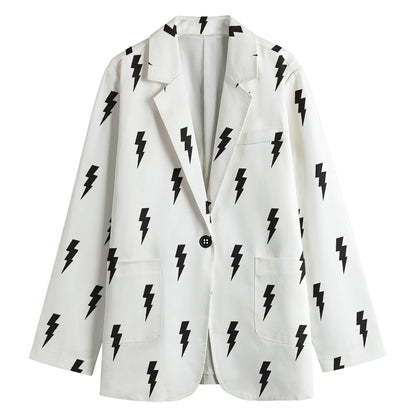 White And Black Lightning Pattern Print Women's Cotton Blazer