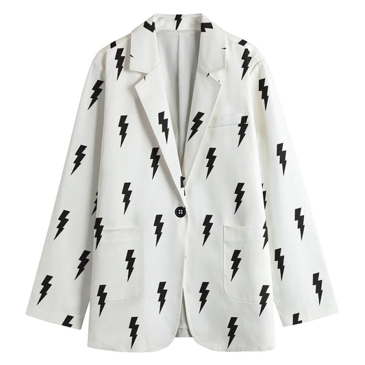 White And Black Lightning Pattern Print Women's Cotton Blazer