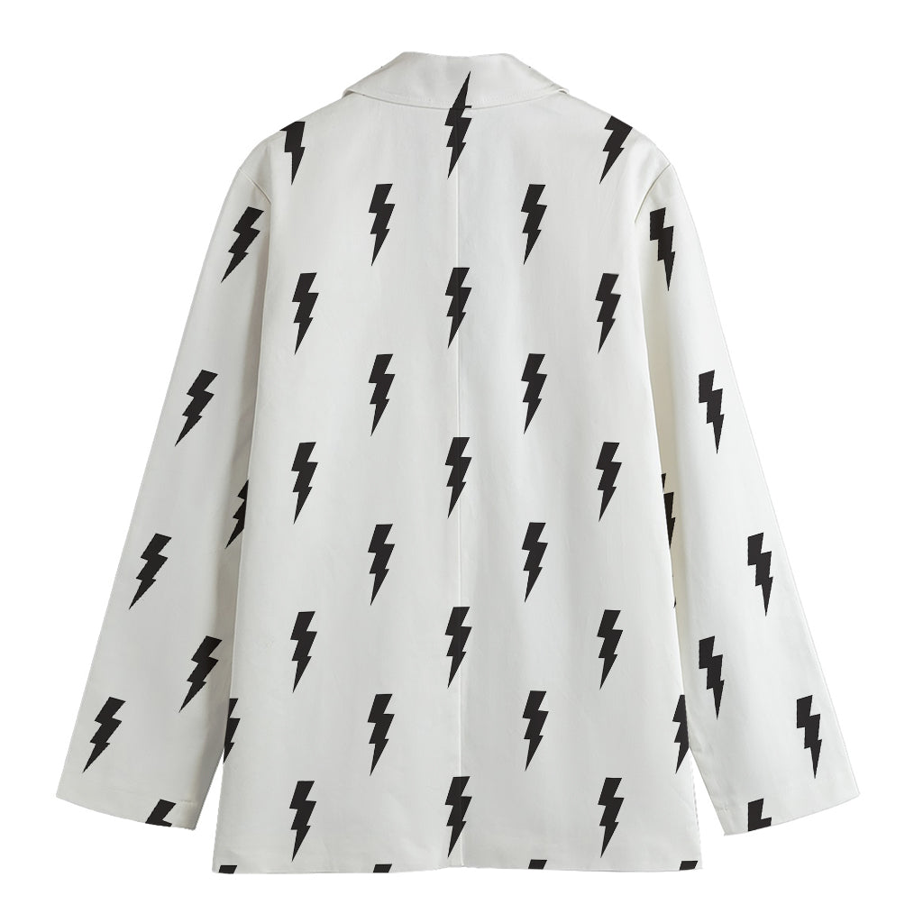 White And Black Lightning Pattern Print Women's Cotton Blazer