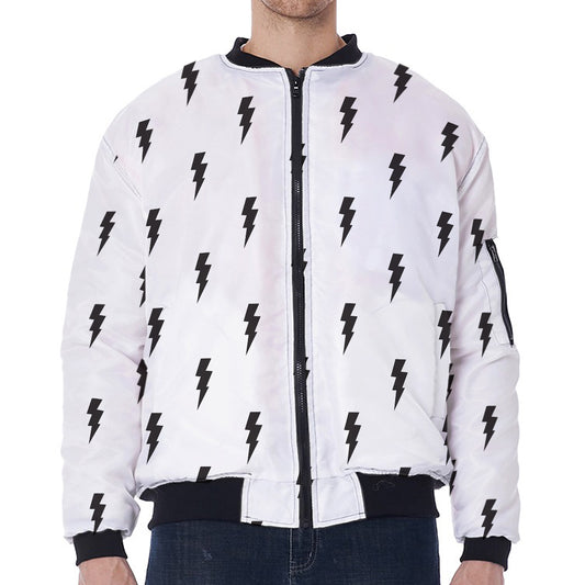 White And Black Lightning Pattern Print Zip Sleeve Bomber Jacket