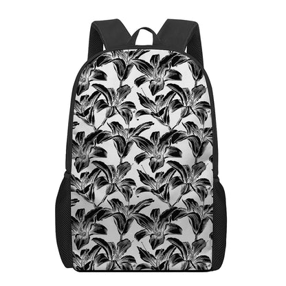 White And Black Lily Pattern Print 17 Inch Backpack