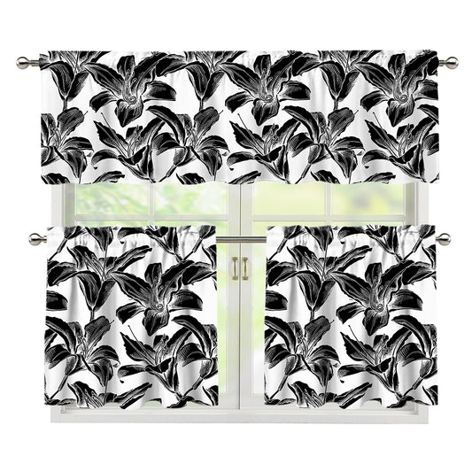 White And Black Lily Pattern Print 3 Piece Kitchen Curtains