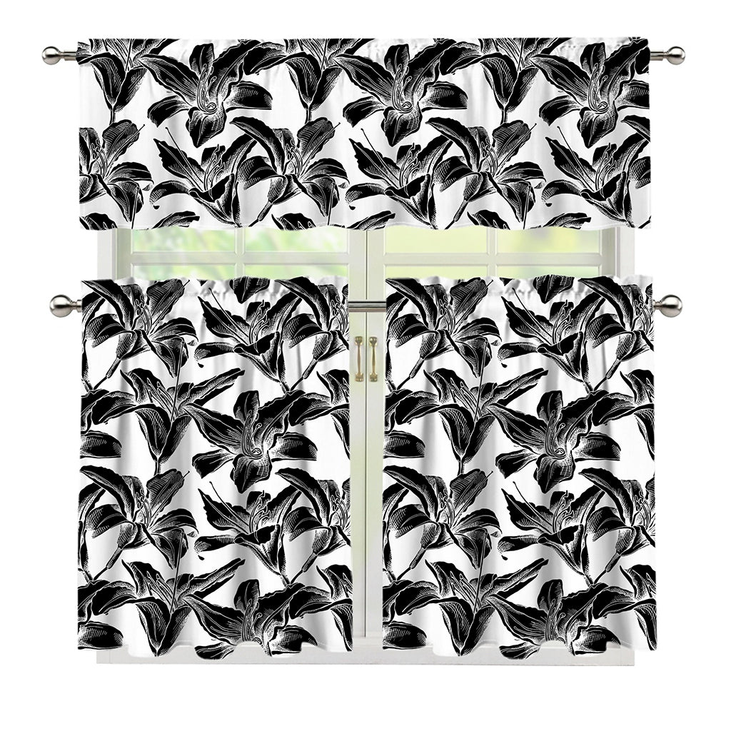 White And Black Lily Pattern Print 3 Piece Kitchen Curtains