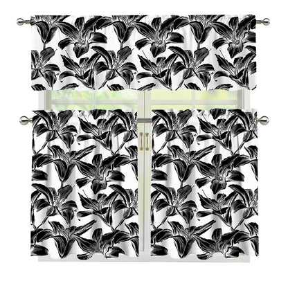 White And Black Lily Pattern Print 3 Piece Kitchen Curtains