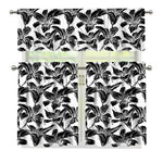 White And Black Lily Pattern Print 3 Piece Kitchen Curtains