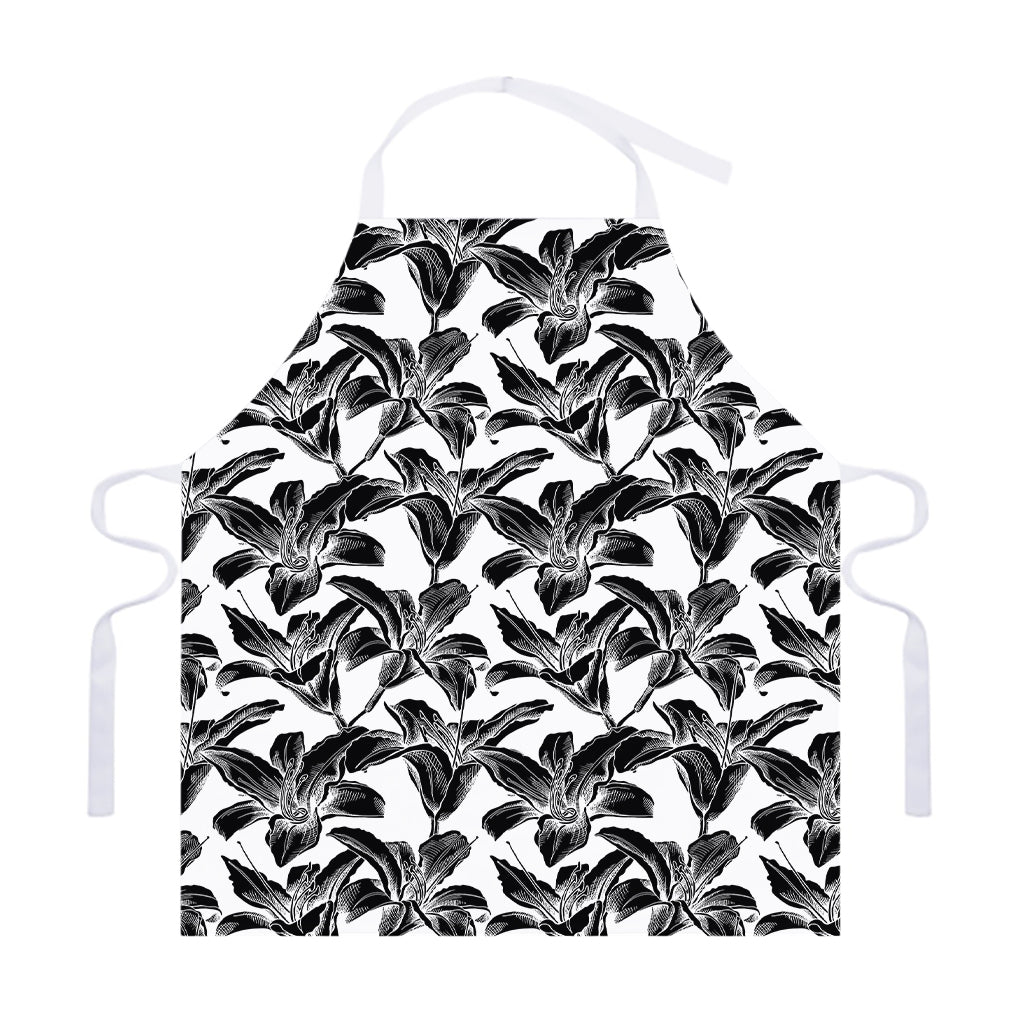 White And Black Lily Pattern Print Adjustable Apron