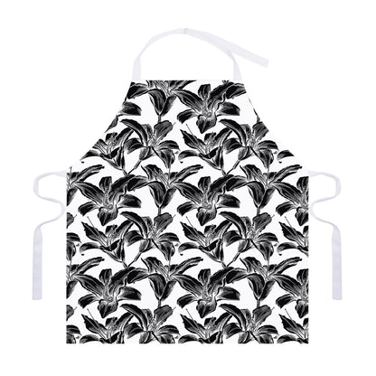 White And Black Lily Pattern Print Adjustable Apron