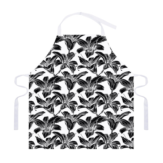 White And Black Lily Pattern Print Adjustable Apron