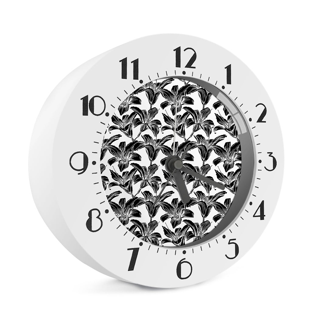 White And Black Lily Pattern Print Alarm Clock