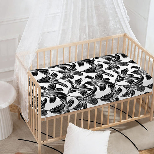 White And Black Lily Pattern Print Baby Crib Sheet