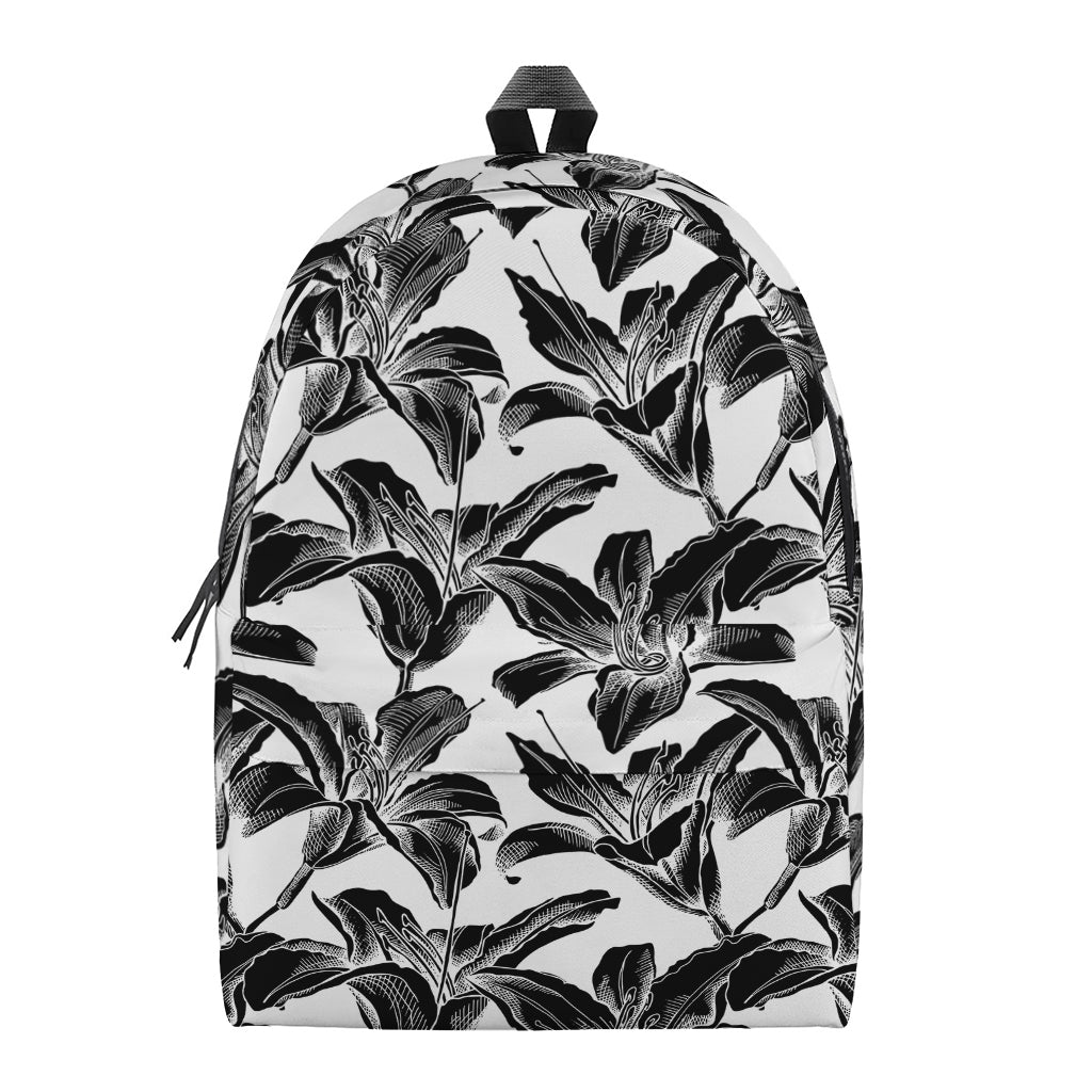 White And Black Lily Pattern Print Backpack