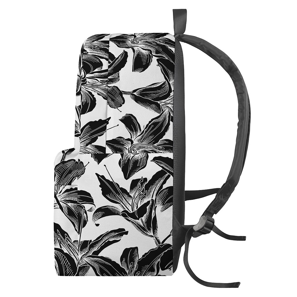 White And Black Lily Pattern Print Backpack