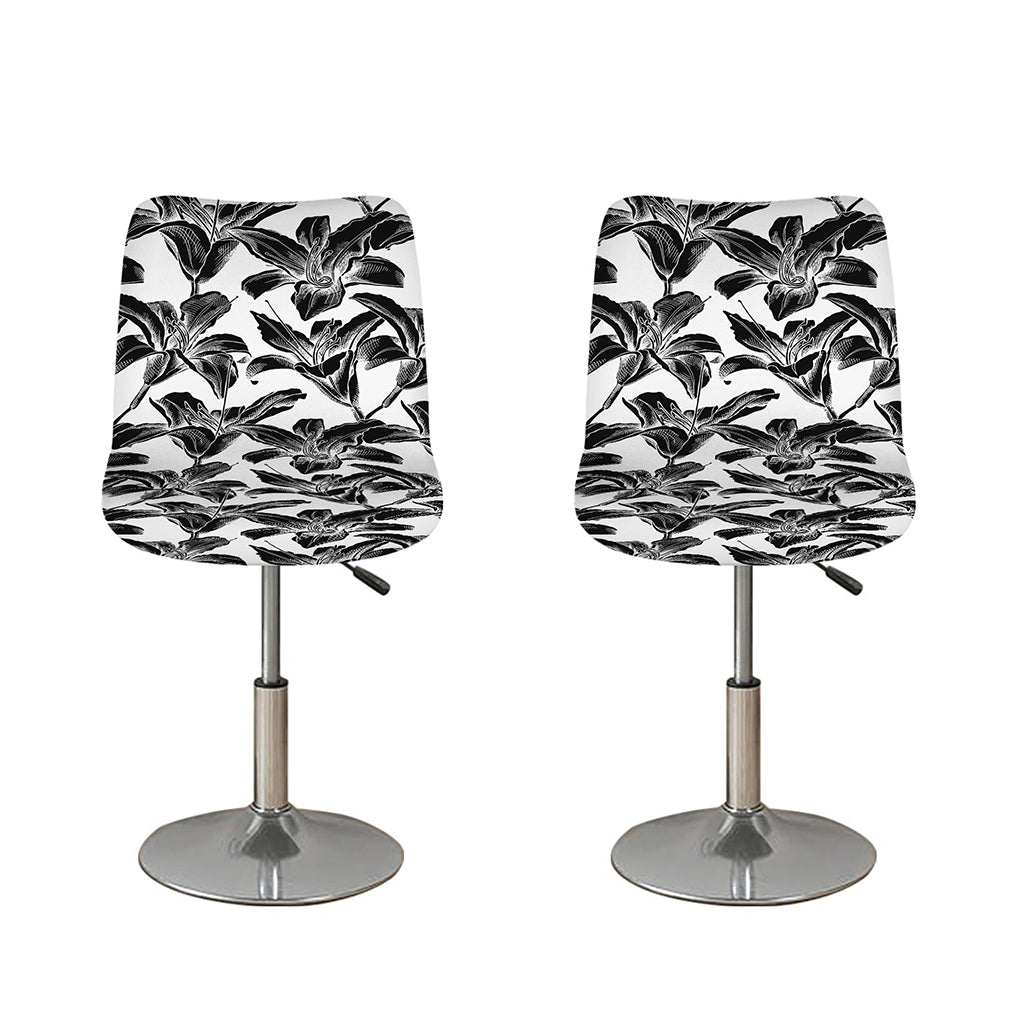 White And Black Lily Pattern Print Bar Stool Covers