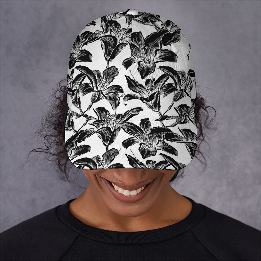 White And Black Lily Pattern Print Baseball Cap