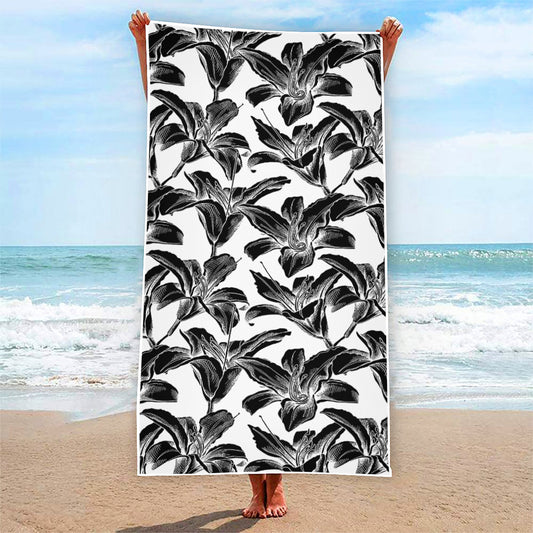 White And Black Lily Pattern Print Beach Towel