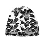 White And Black Lily Pattern Print Beanie
