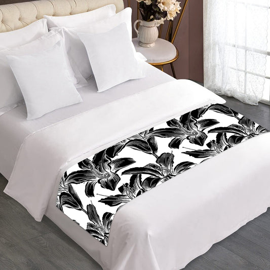 White And Black Lily Pattern Print Bed Runner