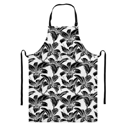 White And Black Lily Pattern Print Bib Apron With Pocket