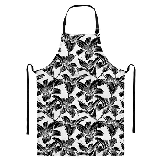 White And Black Lily Pattern Print Bib Apron With Pocket