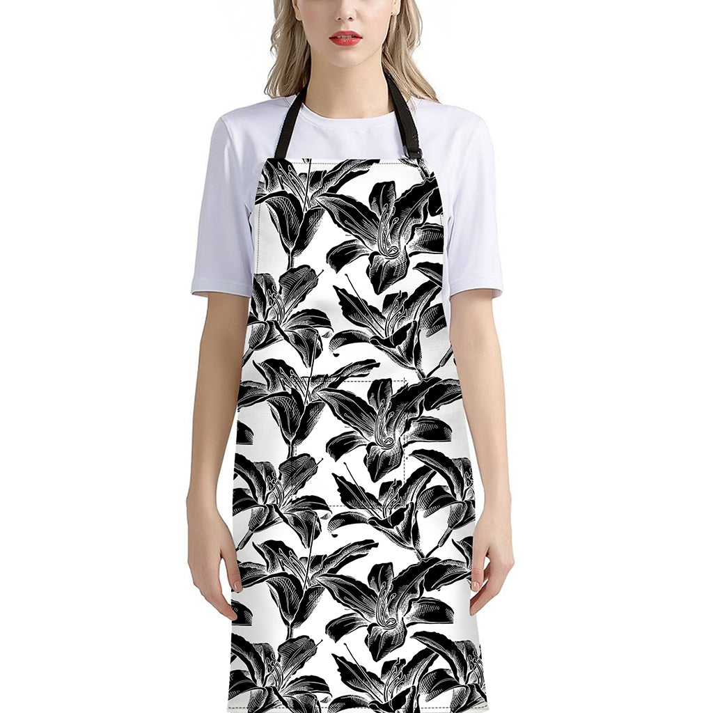 White And Black Lily Pattern Print Bib Apron With Pocket