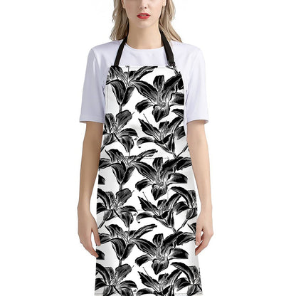 White And Black Lily Pattern Print Bib Apron With Pocket
