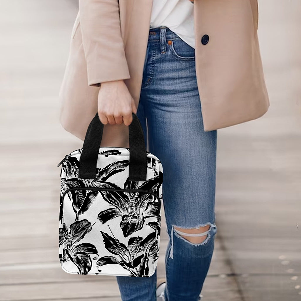 White And Black Lily Pattern Print Bible Tote Bag