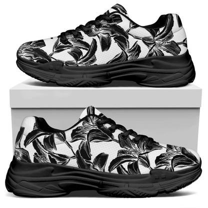 White And Black Lily Pattern Print Black Chunky Shoes