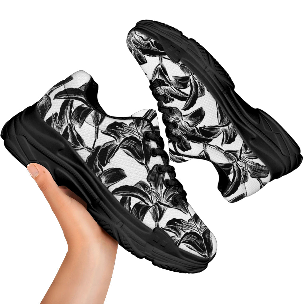 White And Black Lily Pattern Print Black Chunky Shoes