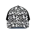 White And Black Lily Pattern Print Black Mesh Trucker Cap
