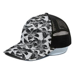 White And Black Lily Pattern Print Black Mesh Trucker Cap