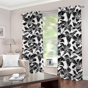 White And Black Lily Pattern Print Blackout Grommet Curtains