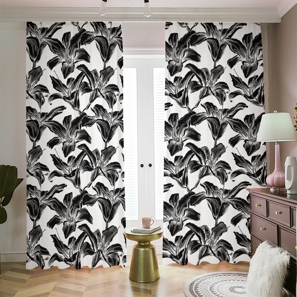 White And Black Lily Pattern Print Blackout Pencil Pleat Curtains