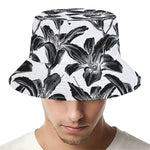 White And Black Lily Pattern Print Bucket Hat