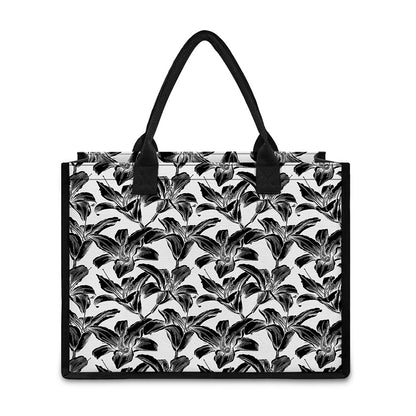 White And Black Lily Pattern Print Canvas Tote Bag
