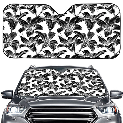 White And Black Lily Pattern Print Car Windshield Sun Shade