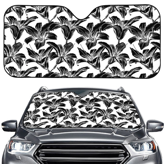 White And Black Lily Pattern Print Car Windshield Sun Shade