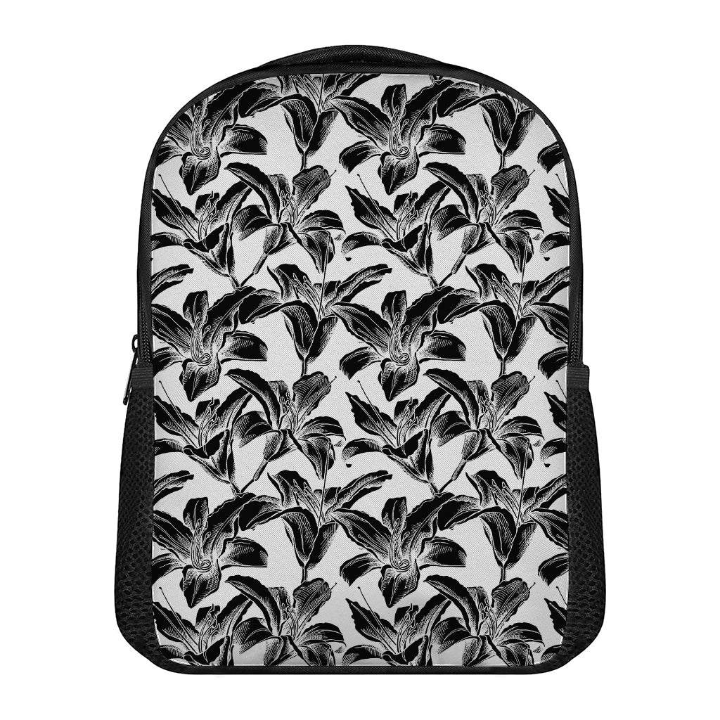 White And Black Lily Pattern Print Casual Backpack