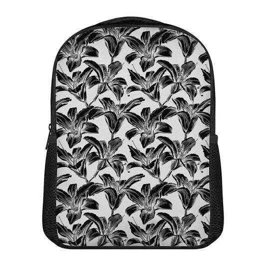White And Black Lily Pattern Print Casual Backpack