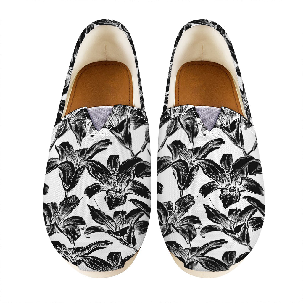 White And Black Lily Pattern Print Casual Shoes