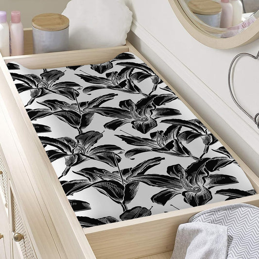 White And Black Lily Pattern Print Changing Pad Cover