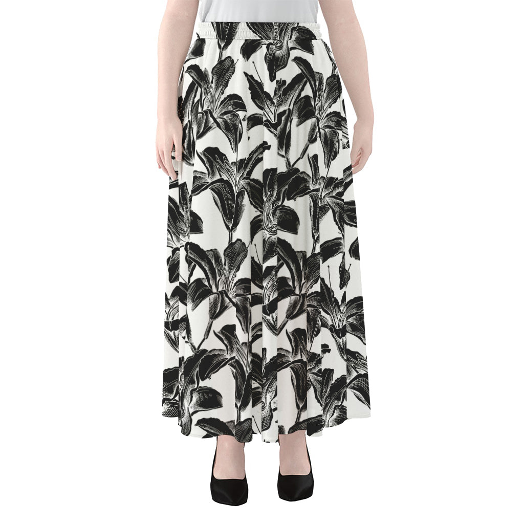 White And Black Lily Pattern Print Chiffon Maxi Skirt