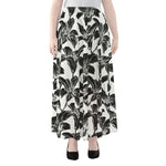 White And Black Lily Pattern Print Chiffon Maxi Skirt